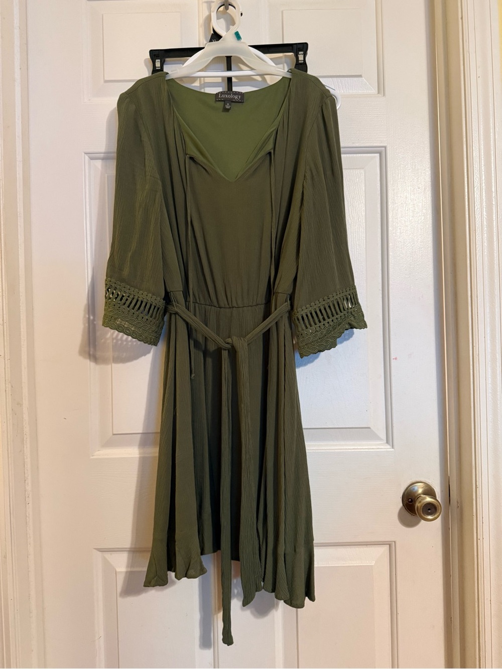 Luxology Olive Green Crochet-Sleeve Tie-Waist Midi Dress